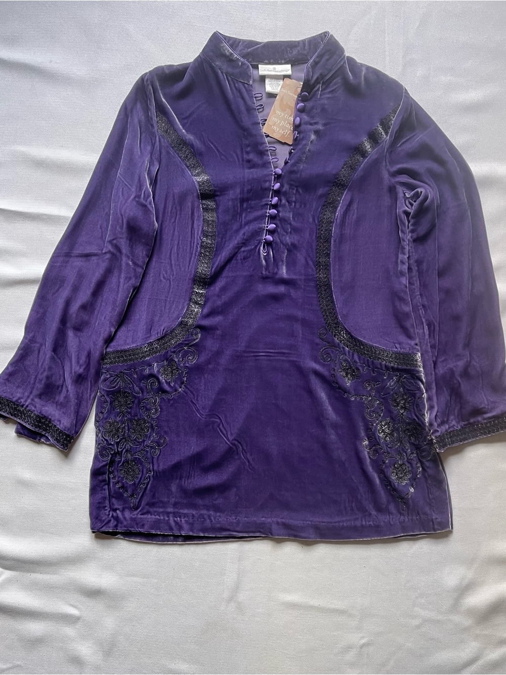Soft Surroundings Purple Velvet Embroidered Lace Mandarin Button Tunic Blouse S